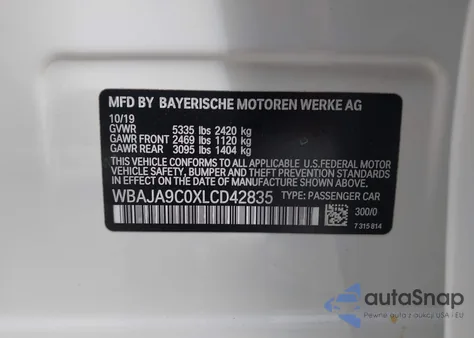 2020 BMW 530E Iperformance from USA, damaged, VIN WBAJA9C0XLCD42835